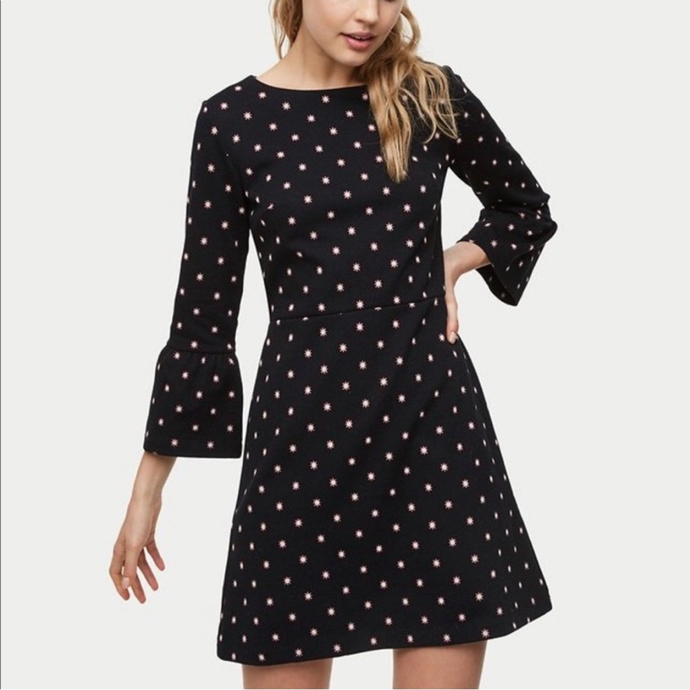Loft Floral Knit Dress Bloom LBD Fit and Flare Black Pink Mini Bell Sleeve SZ 8